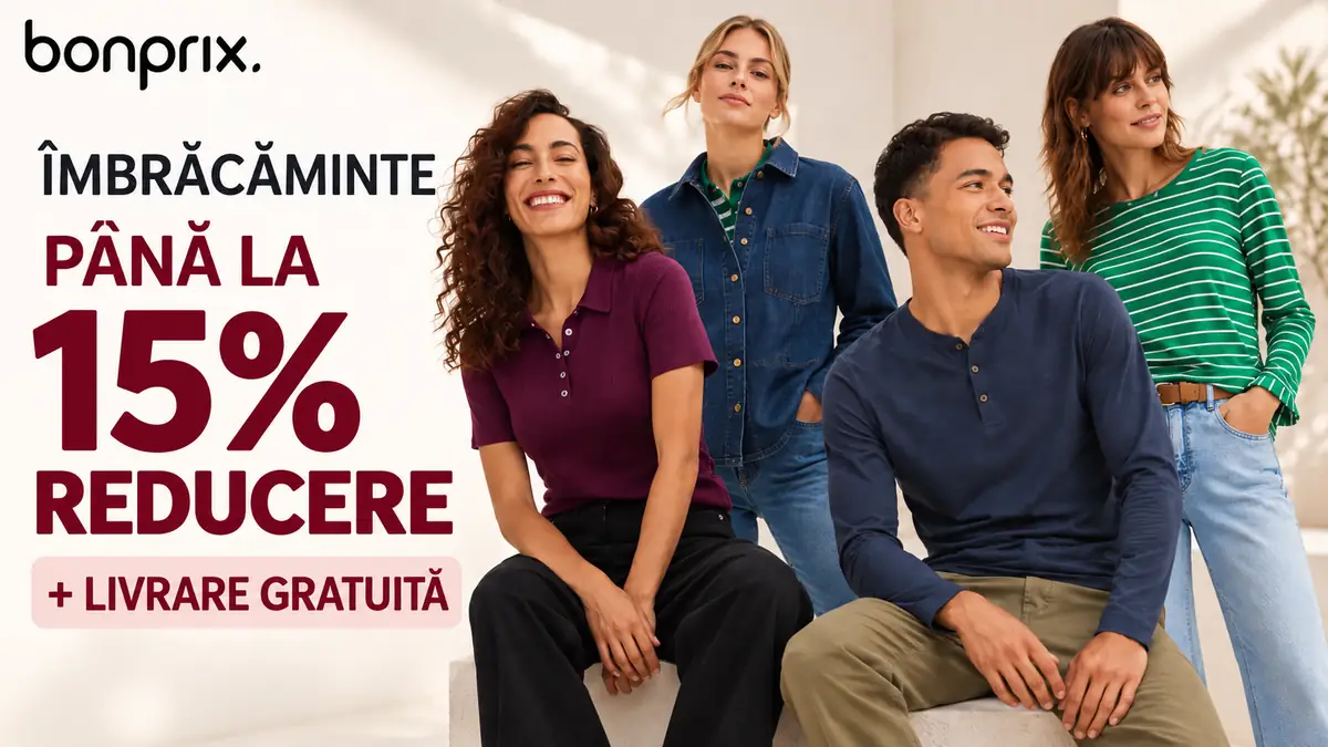 Banner Bonprix cu patru modele în ținute casual și text „Până la 15% reducere + livrare gratuită”.