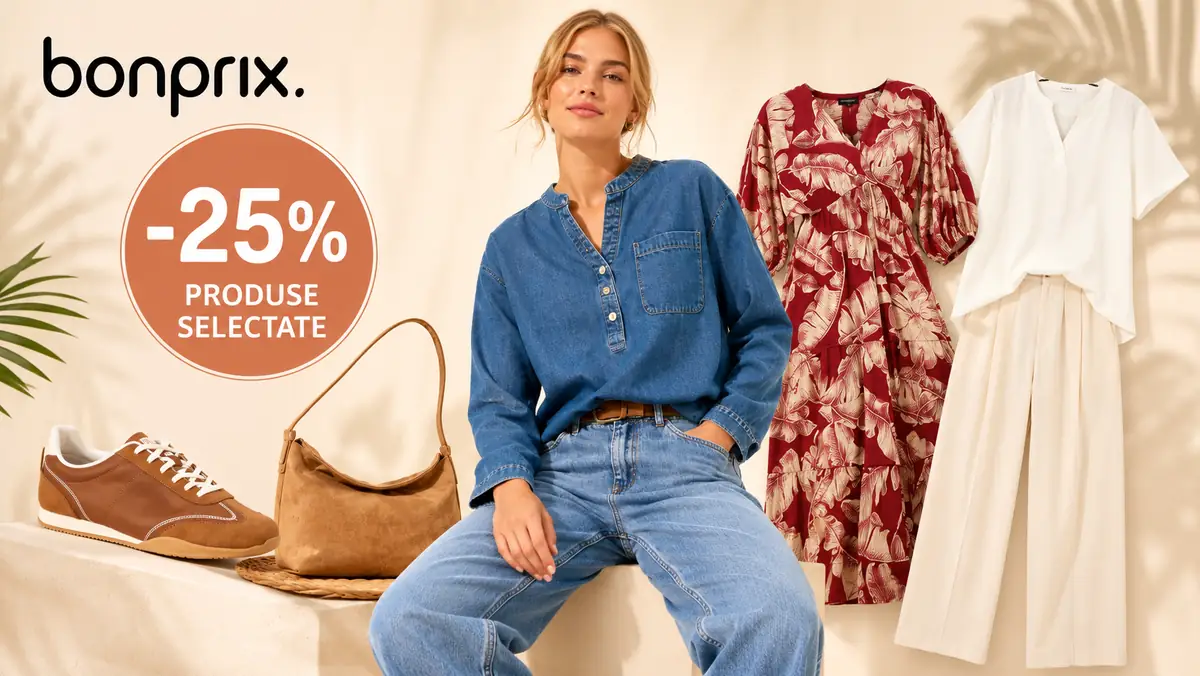 Banner Bonprix cu modă pentru femei, accesorii și mesaj de reducere 25% la produse selectate.