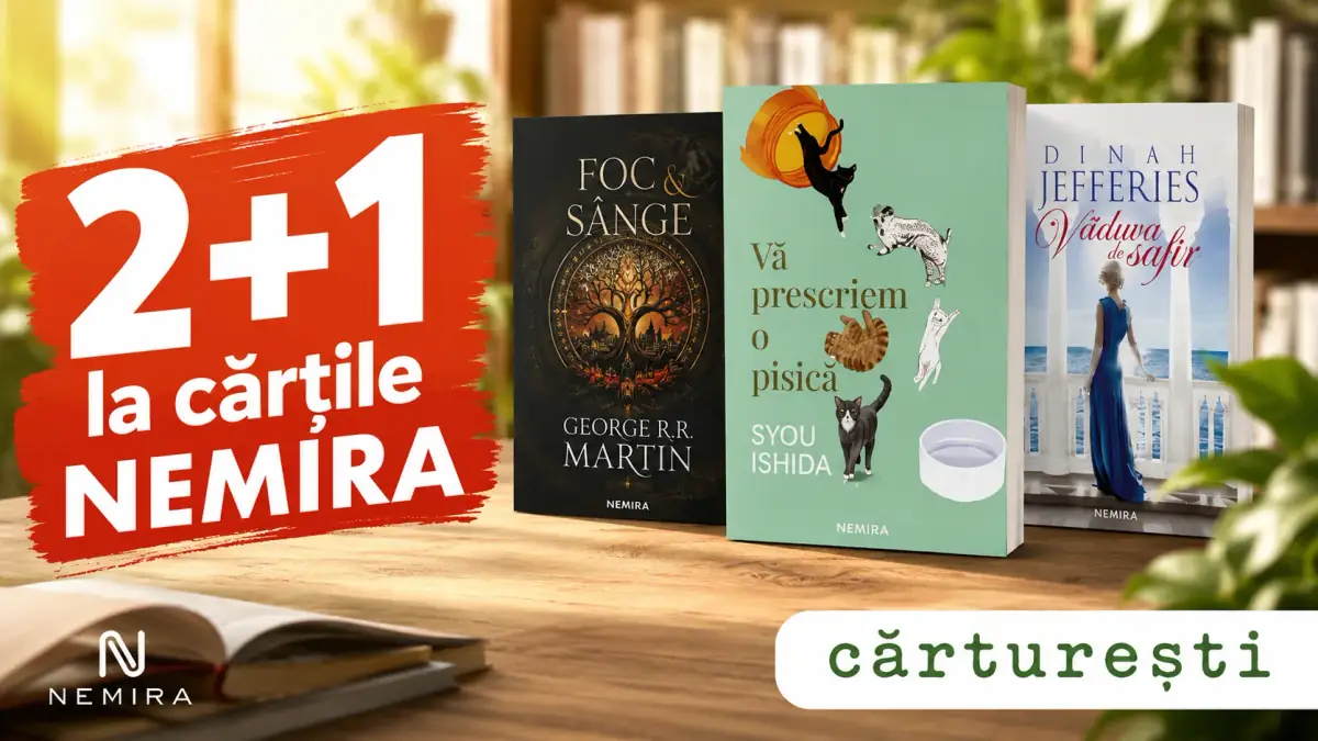 Promoție 2+1 la cărțile Nemira, cu trei titluri expuse și logo-urile Nemira și Cărturești.