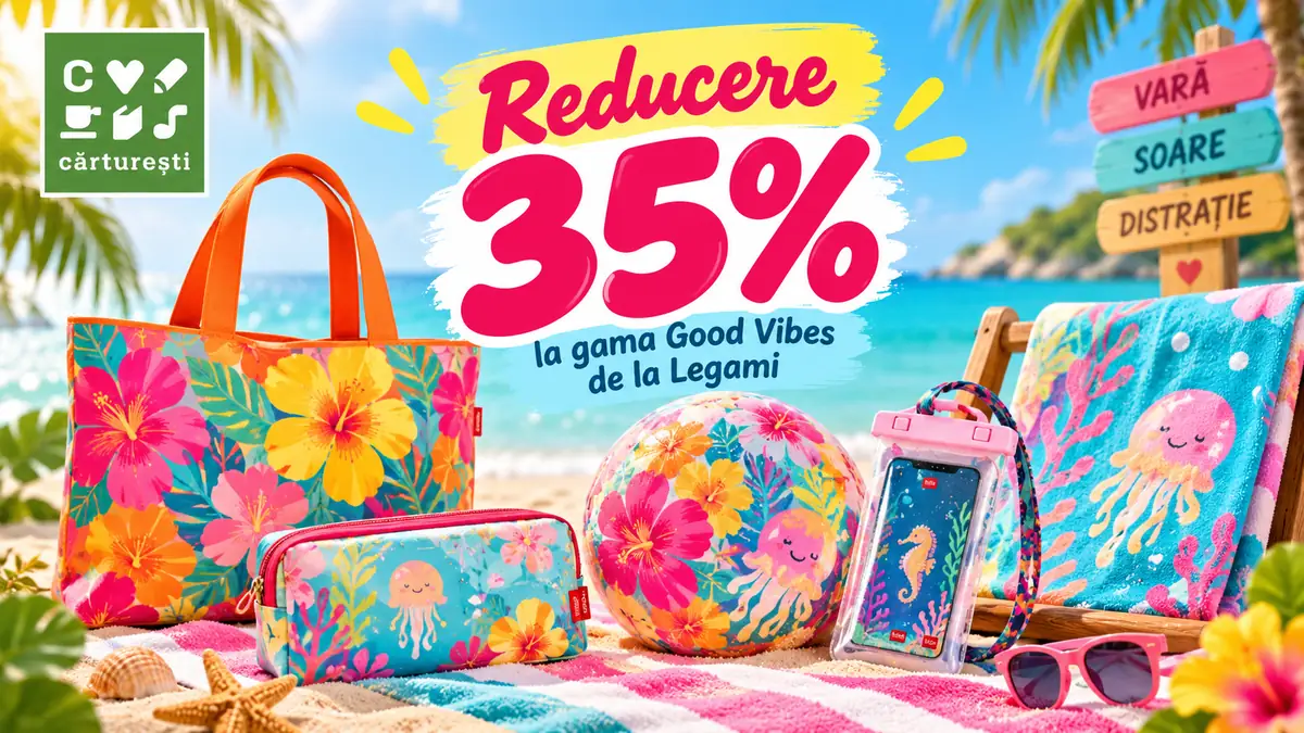 Promo de vară Cărturești: reducere 35% la Legami Good Vibes, cu geantă, minge, husă de telefon și prosop.