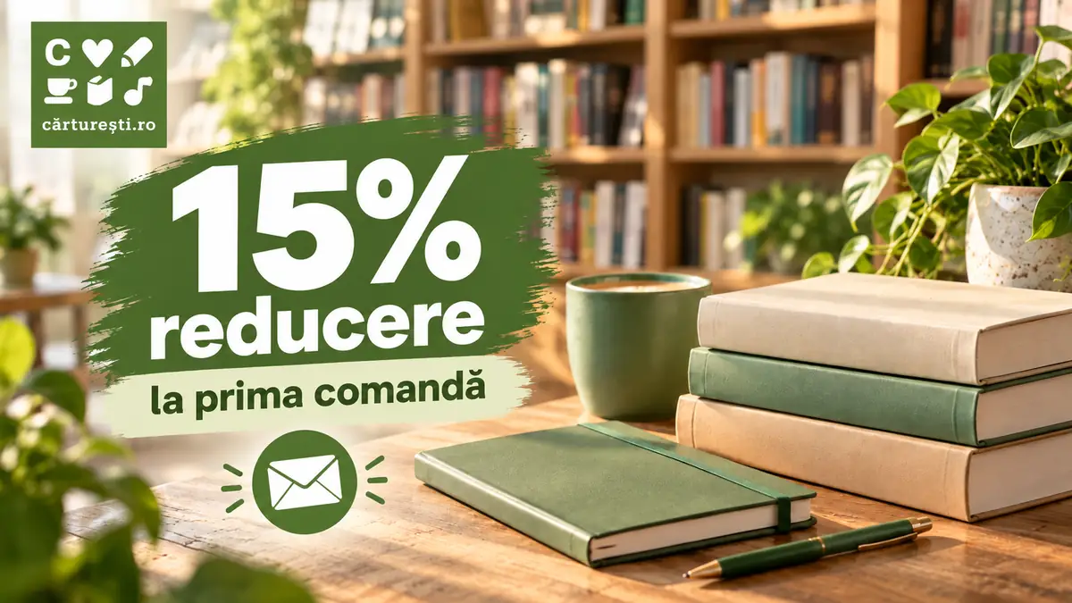 Cărturești: 15% reducere la prima comandă, cu cărți, agendă, cană, pix și icon de newsletter.