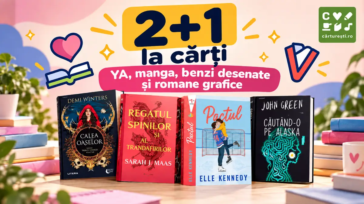 Promoție Cărturești 2+1 la cărți YA, manga, benzi desenate și romane grafice, cu patru volume expuse.