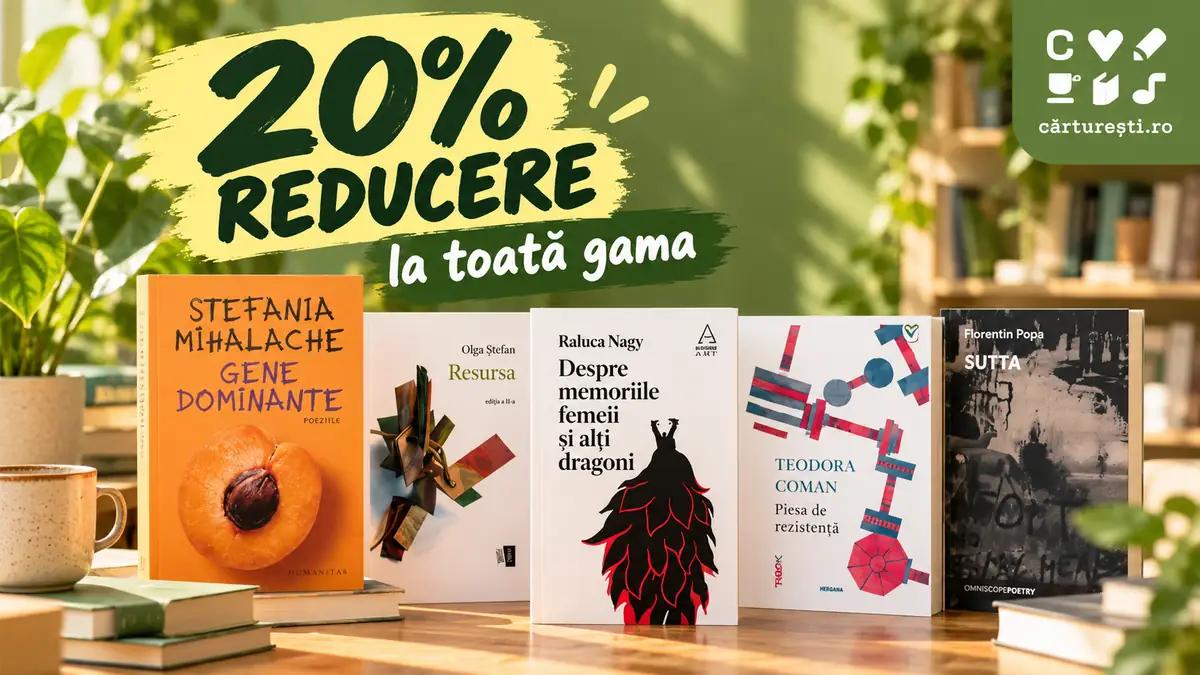 Cinci cărți expuse pe o masă, alături de mesajul „20% reducere la toată gama” și sigla Cărturești.