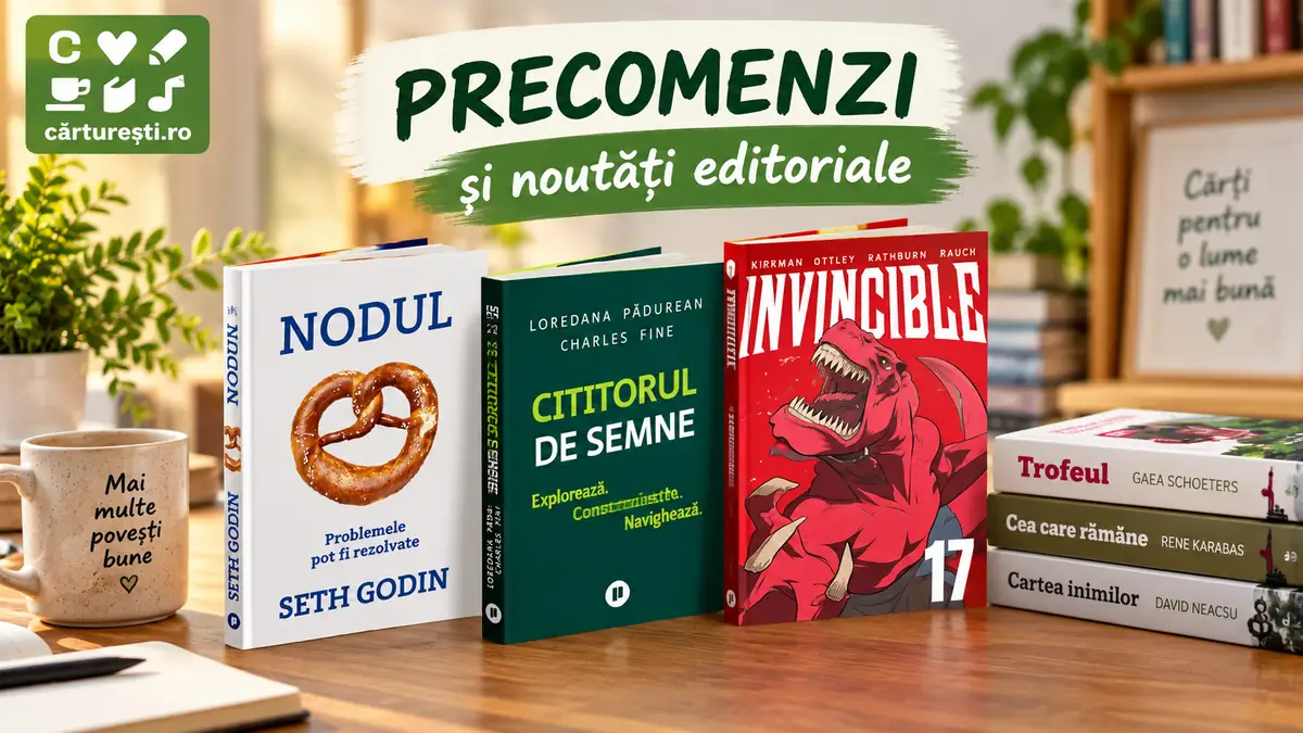 Cărți în precomandă expuse pe masă, inclusiv Nodul, Cititorul de semne și Invincible 17, cu logo Cărturești.