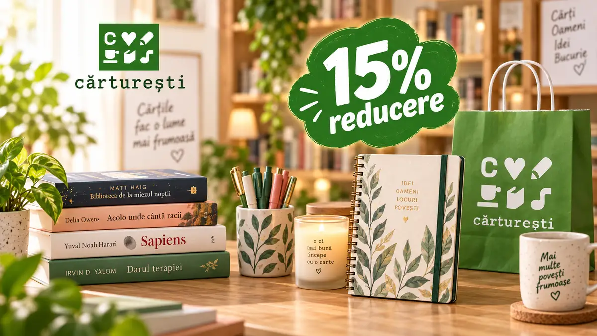 Cărți, agendă și accesorii Cărturești într-un decor cald, alături de un badge verde cu 15% reducere.