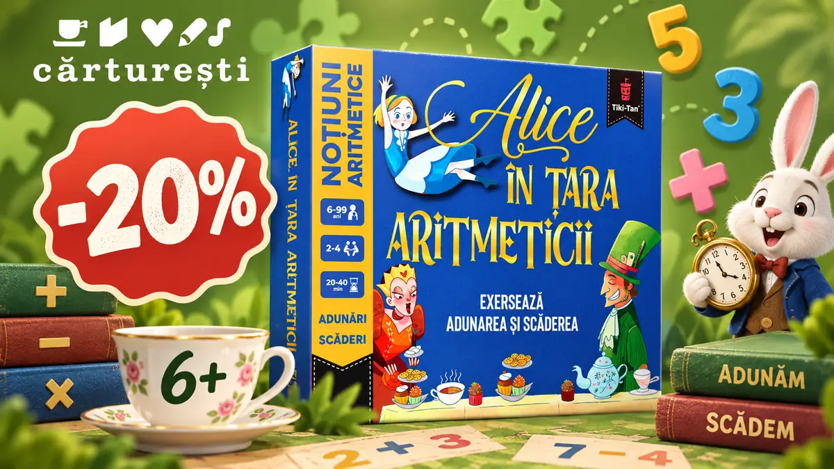 Reclama Cărturești cu jocul Alice în Țara Aritmeticii, badge -20%, cărți, cifre, cești și iepure alb.