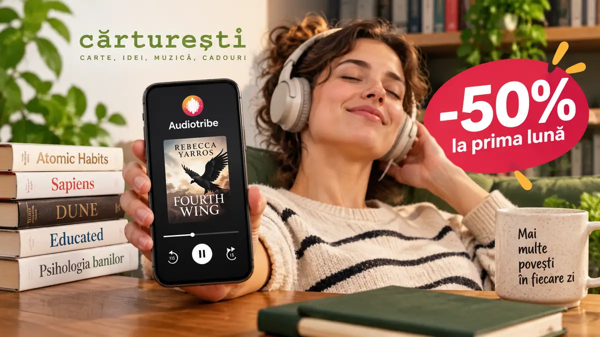 A femeie tanara care are casti pe cap si asculta un audiobook prin abonamentul audiotribe