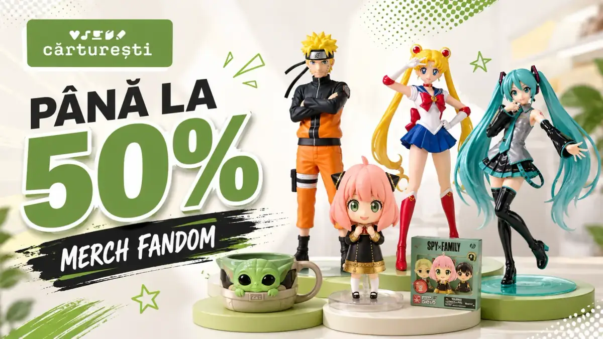 Cărturești – reduceri de până la 50% la produse merch fandom, cu figurine și articole inspirate din Naruto, Sailor Moon, Spy x Family și Hatsune Miku.
