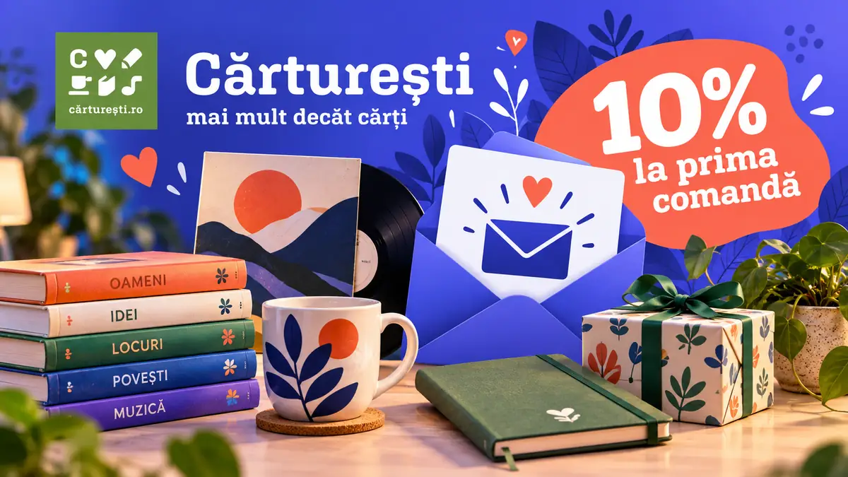 Banner Cărturești cu cărți, cană, cadou și plic de newsletter, plus mesaj mare de 10% la prima comandă.