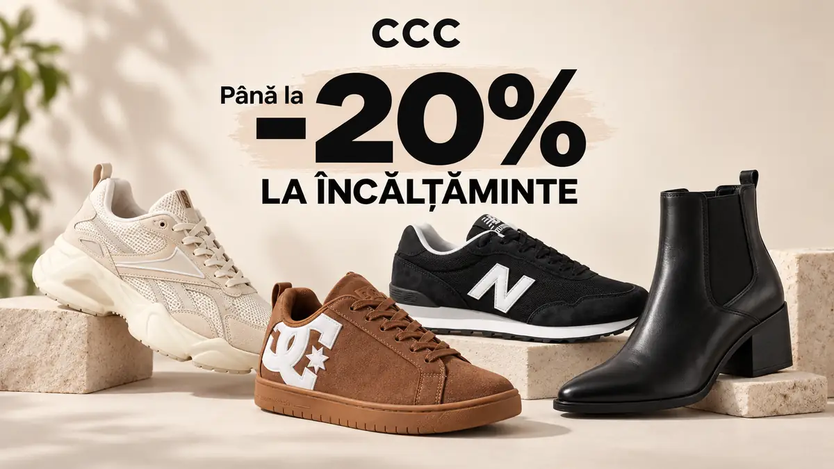 Patru modele de încălțăminte CCC pe fundal bej, cu mesajul „Până la -20% la încălțăminte”.