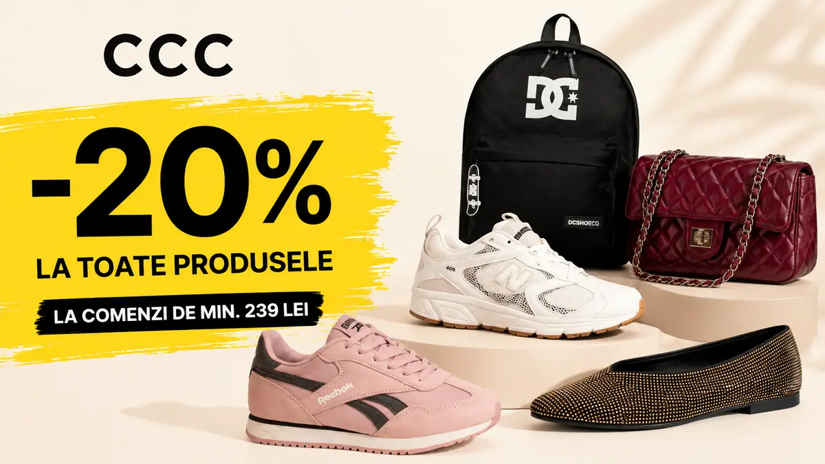 Promoție CCC cu 20% reducere, pantofi sport, geantă și rucsac, la comenzi de minimum 239 lei.