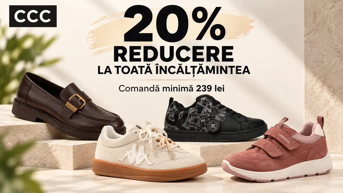 Banner CCC cu patru perechi de încălțăminte și text 20% reducere la toată încălțămintea, comandă minimă 239 lei.