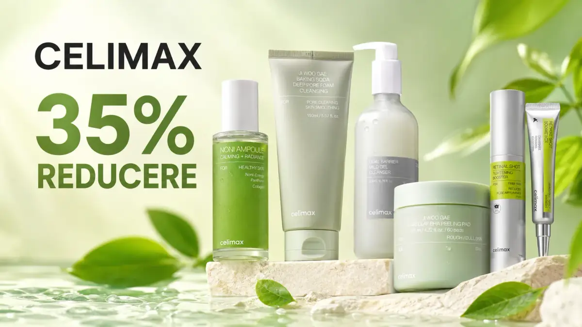 Produse cosmetice Celimax pe fundal verde, promovând o reducere de 35% la selecția de îngrijire a pielii.