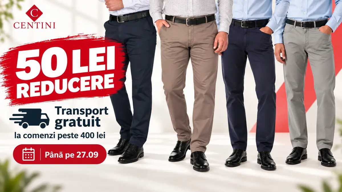Patru pantaloni bărbătești Centini, cu 50 lei reducere și transport gratuit la comenzi peste 400 lei.
