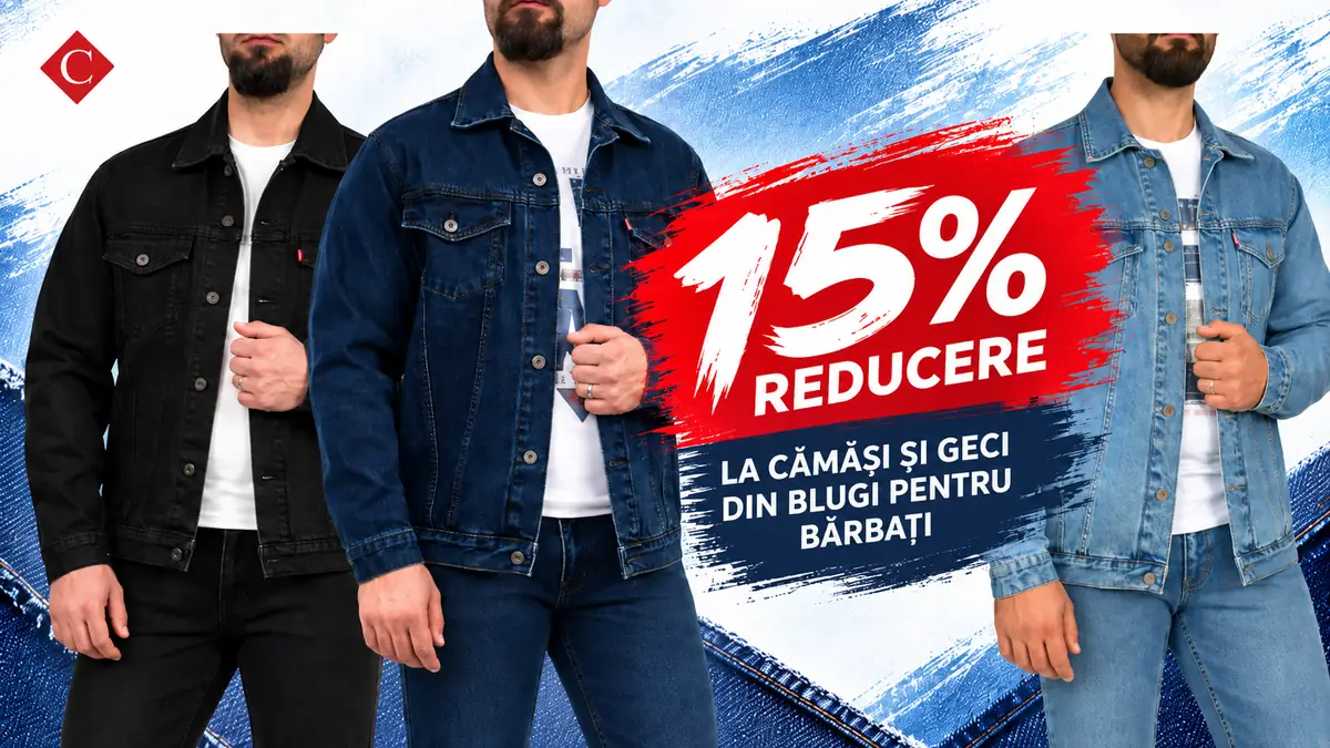Trei bărbați în geci din blugi, logo Centini și mesaj mare „15% reducere” pe fundal albastru.