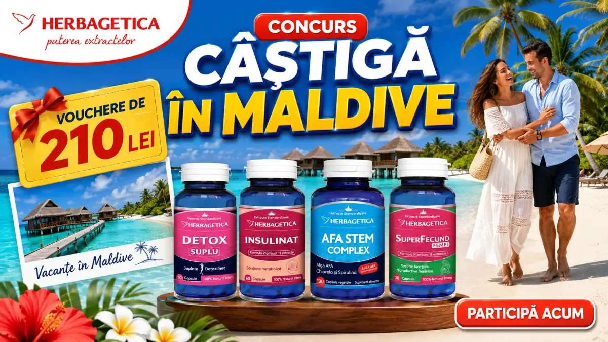 Concurs Herbagetica cu suplimente, vouchere de 210 lei și premiu vacanță în Maldive pe fundal tropical.