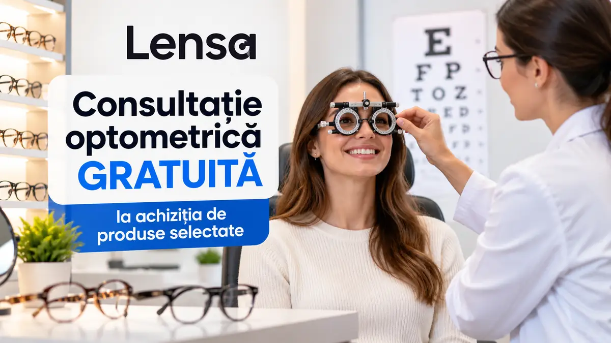Consultație optometrică gratuită la Lensa, cu specialist, clientă și rame de ochelari expuse.