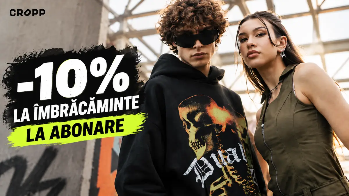 Doi tineri în ținute Cropp, lângă mesajul „-10% la îmbrăcăminte” și „La abonare”.