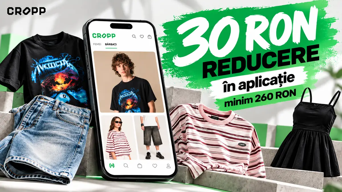Haine Cropp și telefon cu aplicația magazinului, alături de oferta de 30 RON reducere la cumpărături de minimum 260 RON.