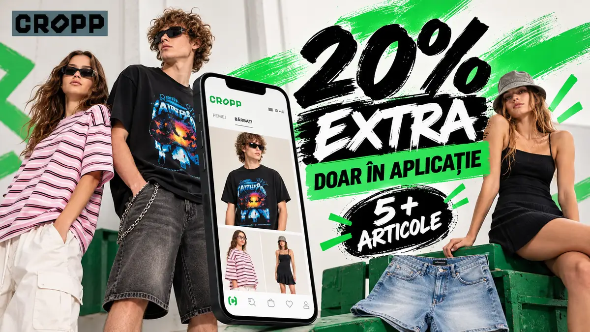 Reclamă Cropp cu modele în haine casual, telefon cu aplicația și 20% reducere extra la minimum 5 articole.