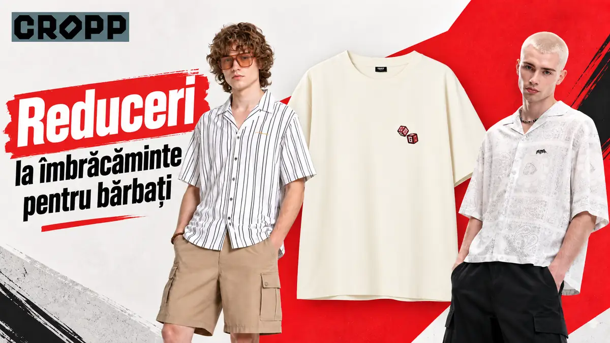 Banner Cropp cu doi bărbați în ținute casual, tricou crem central și text „Reduceri la îmbrăcăminte pentru bărbați”.