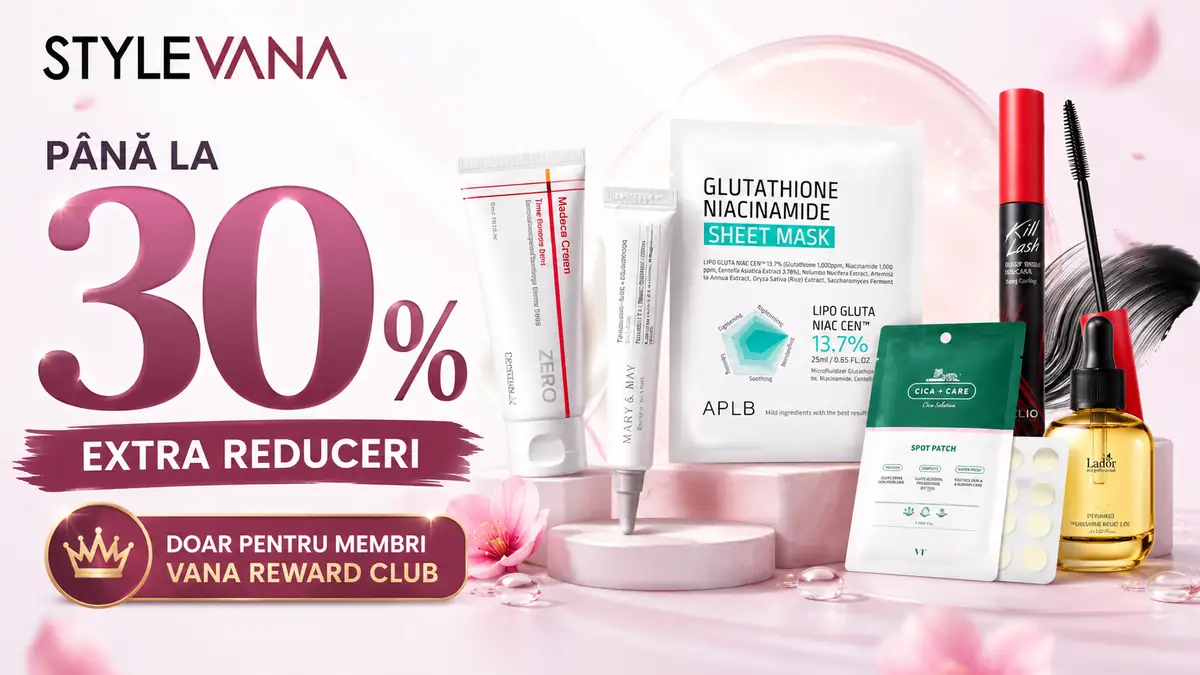 Banner promoțional Stylevana cu produse de skincare, machiaj și îngrijirea părului, reducere de până la 30% și ofertă exclusivă pentru membrii VANA Reward Club.
