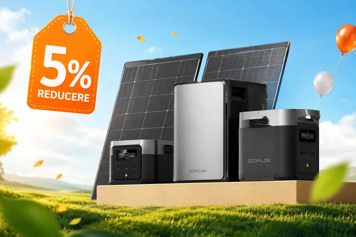 Sistem EcoFlow STREAM cu panouri solare și stații de alimentare portabile, ilustrând o ofertă de reducere de 5% pentru soluții de energie solară.