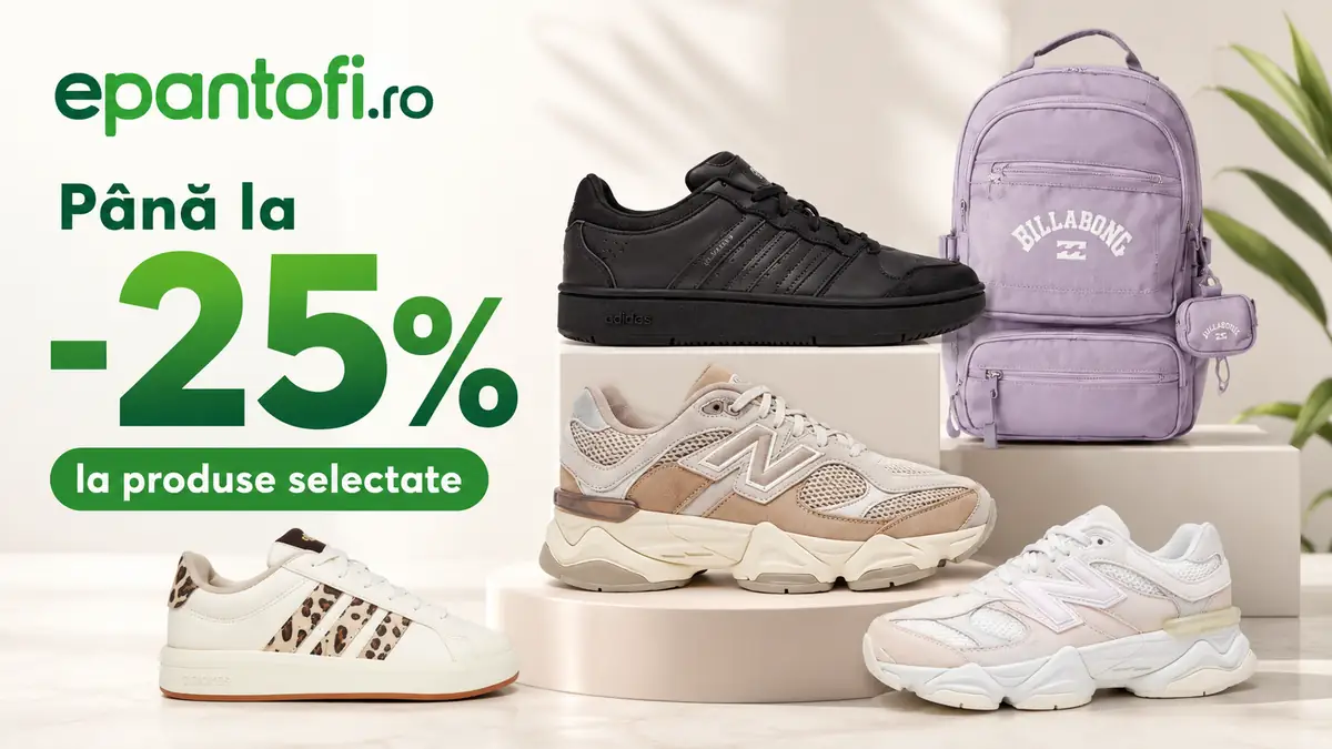 Promoție ePantofi cu sneakers și rucsac, reducere de până la 25% la produse selectate.