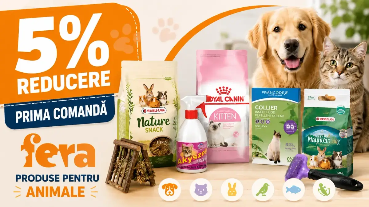 Ofertă Fera cu 5% reducere la prima comandă, alături de produse pentru câini, pisici și animale mici.
