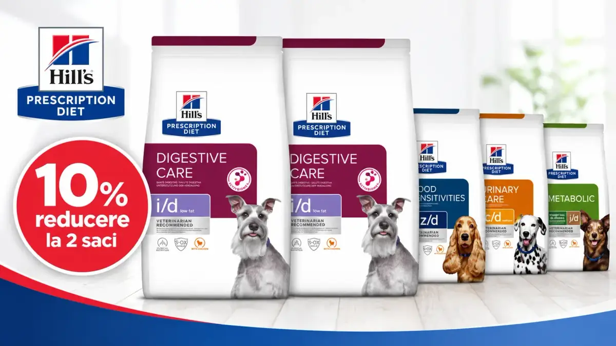 Hrană pentru câini Hill’s Prescription Diet – 10% reducere la achiziția a 2 saci mari.