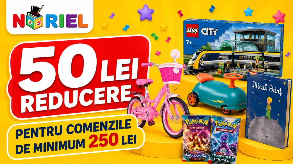 Banner promoțional Noriel cu 50 lei reducere la jucării, jocuri și cărți, ilustrat cu set LEGO, cărți Pokémon, bicicletă pentru copii, mașinuță și produse educative.