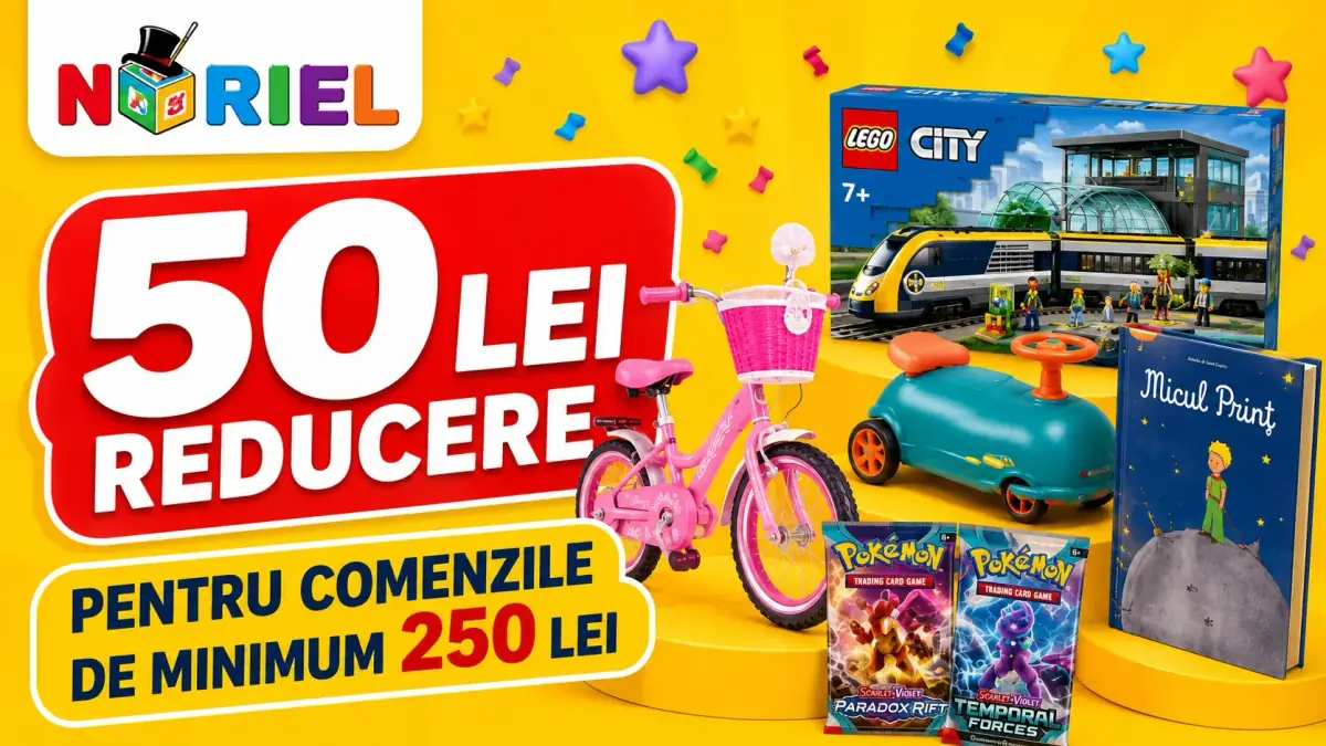 Banner promoțional Noriel cu 50 lei reducere la jucării, jocuri și cărți, ilustrat cu set LEGO, cărți Pokémon, bicicletă pentru copii, mașinuță și produse educative.