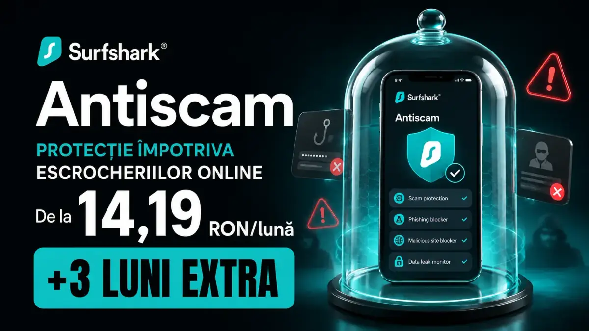 Telefon protejat de Surfshark Anti-Scam sub un dom transparent, care blochează avertismentele și linkurile periculoase.