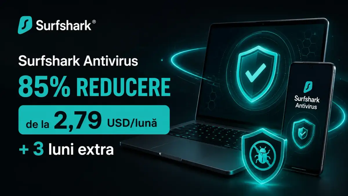 Ofertă Surfshark Antivirus cu 85% reducere, de la 2,79 USD pe lună și 3 luni extra, ilustrată cu laptop, telefon și simboluri de protecție antivirus.