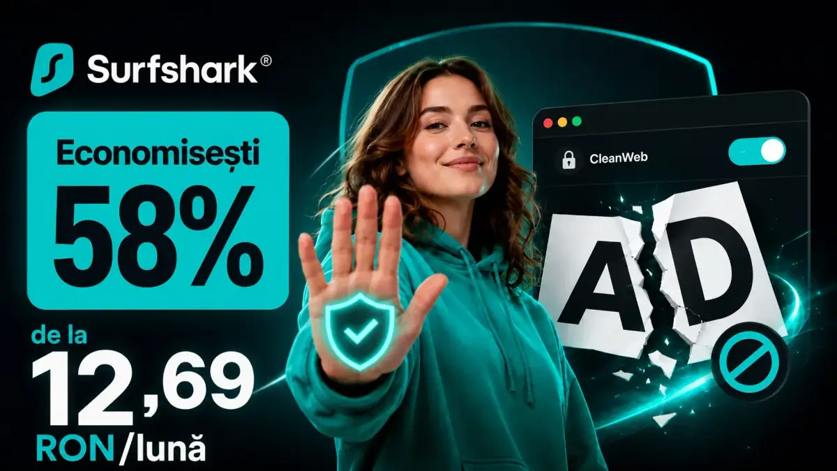 Surfshark CleanWeb pentru blocarea reclamelor online, ilustrat printr-o femeie care rupe un afiș cu textul „AD”.
