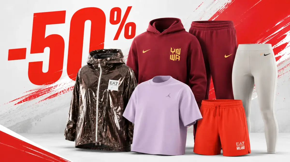 Reducere 50% la articole sport și casual din colecțiile anterioare, cu hanorace, jachete, tricouri, pantaloni și pantaloni scurți de la Various Brands.