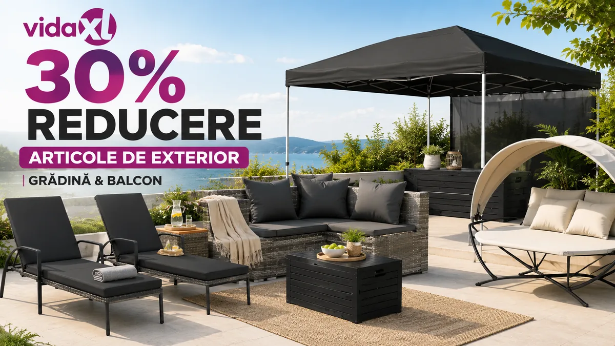 Mobilier de exterior vidaXL pentru grădină și balcon, cu șezlonguri, canapea, pavilion, ladă de depozitare și pat cu baldachin, la 30% reducere.
