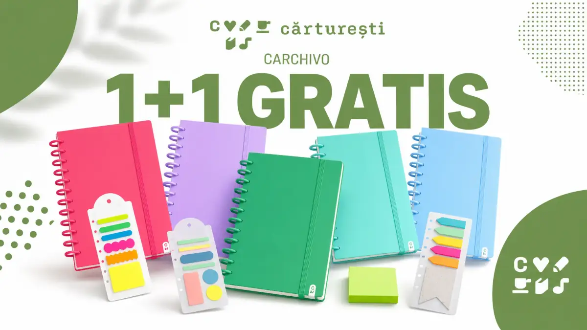 Banner Cărturești cu 1+1 GRATIS, caiete Carchivo colorate și accesorii pe fundal alb-verde.