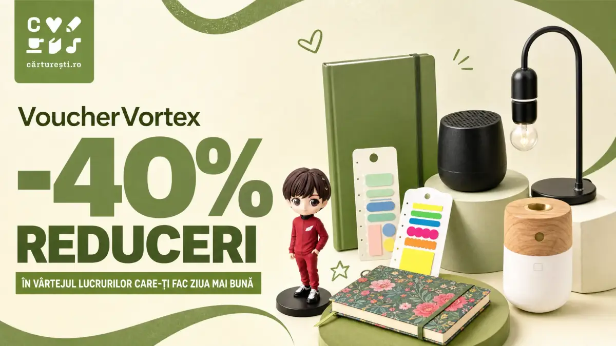 Banner Cărturești cu -40%, caiet verde, figurină manga, stickere, boxă, lampă și logo pe fundal olive.