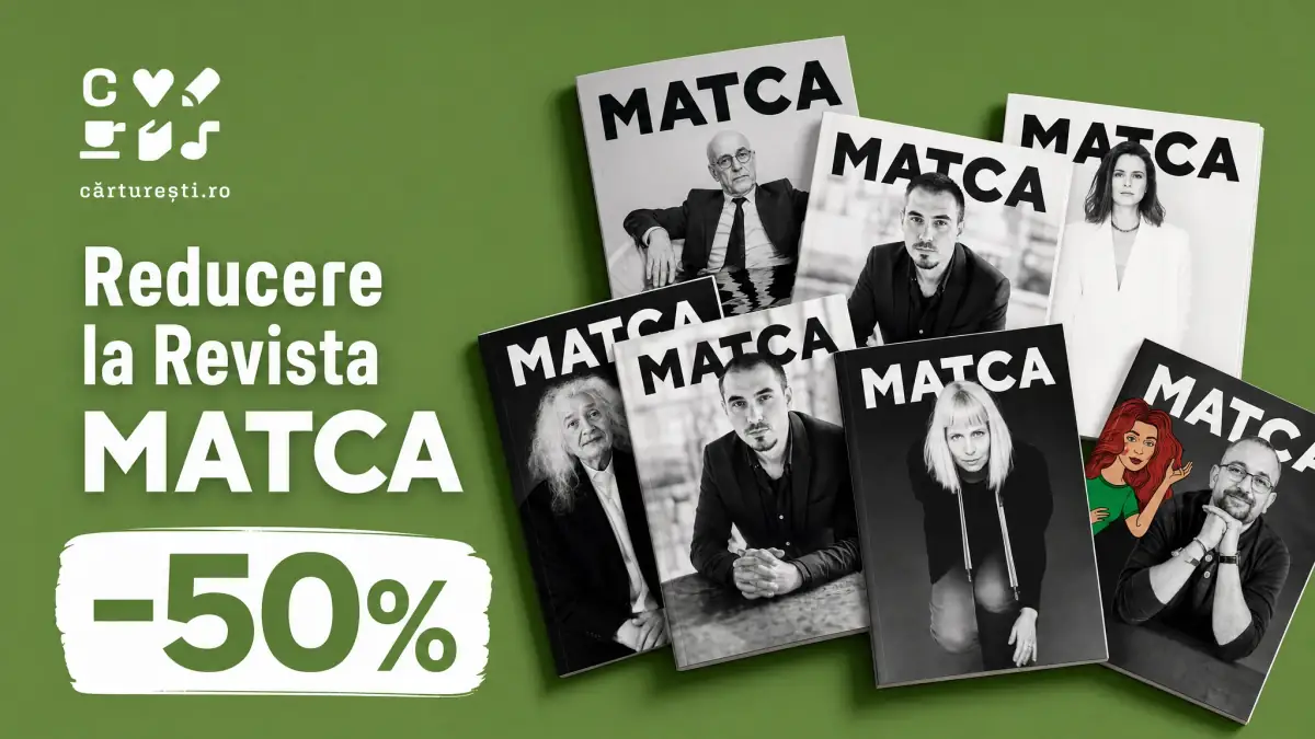 Banner verde Cărturești cu logo, colaj de reviste Matca și etichetă mare „-50%”.