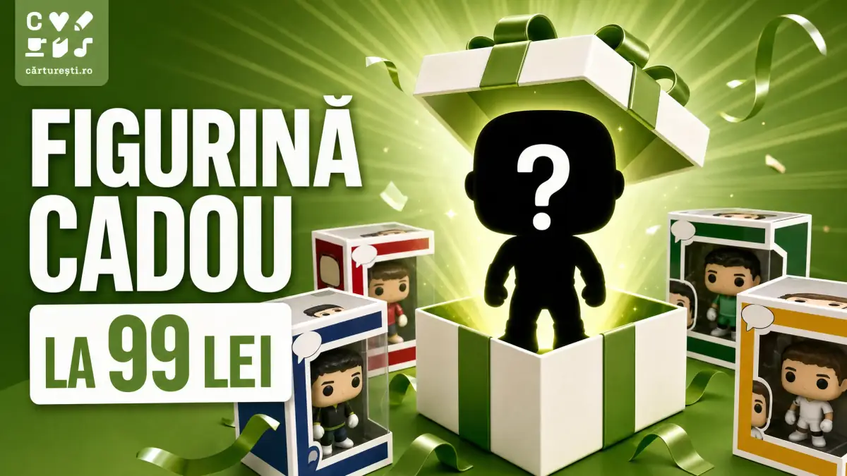 Banner verde Cărturești cu figurină Funko-surpriză în cutie cadou și text mare „FIGURINĂ CADOU” și „LA 99 LEI”