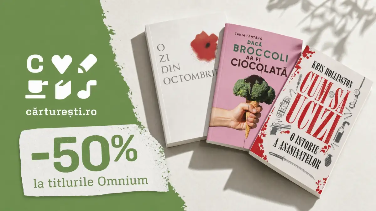 Banner Cărturești verde cu logo, trei cărți Omnium și eticheta „-50%”.