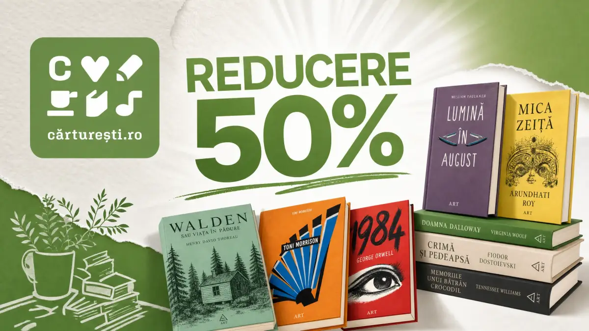 Banner Cărturești cu logo verde, text „REDUCERE 50%” și cărți editura ART suprapuse.