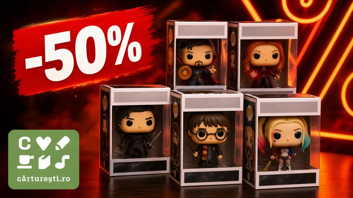 Banner publicitar pentru Cărturești: figurine tip Funko Pop cu etichetă mare „-50%” și logo „cărturești.ro”.