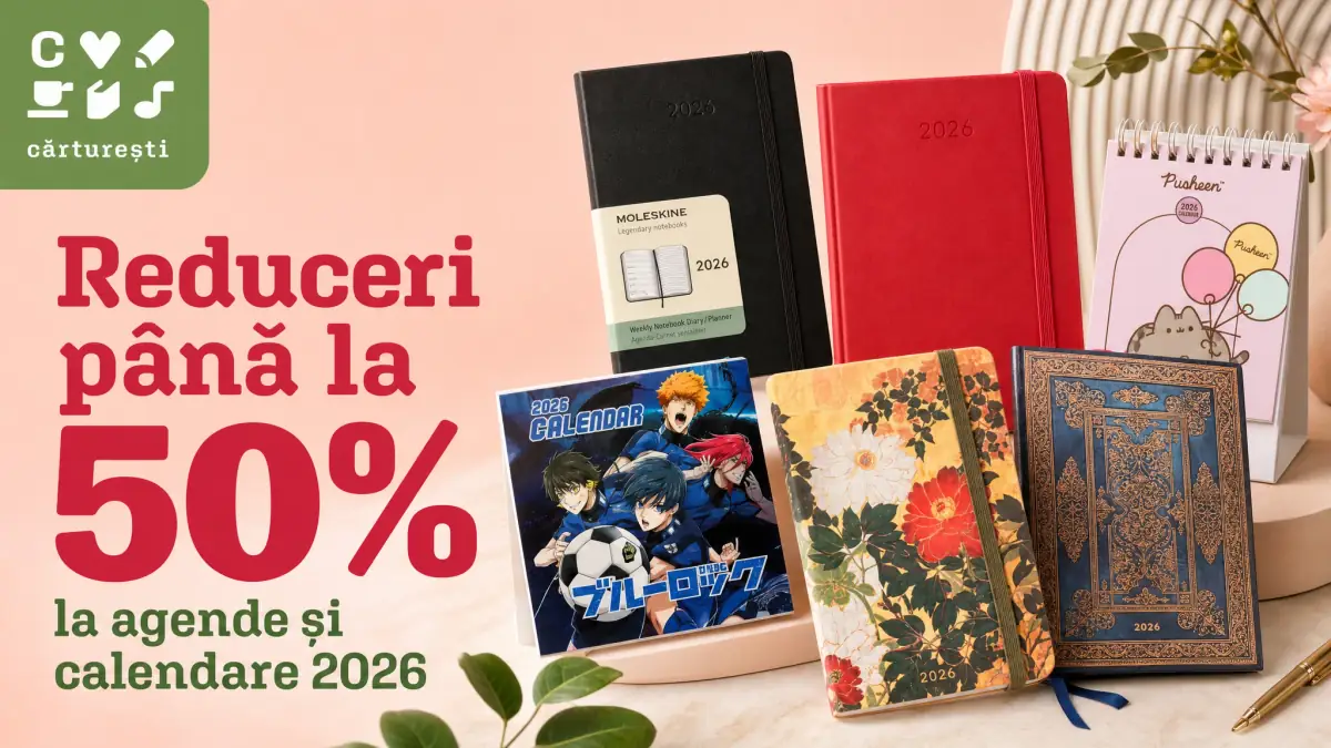Banner Cărturești cu agende și calendare 2026, text mare „Reduceri până la 50%”, fundal roz-verde.
