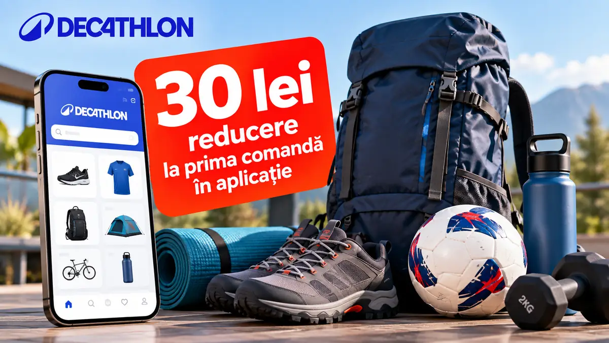 Promoție Decathlon în aplicație: 30 lei reducere la prima comandă, alături de echipamente sportive și un smartphone.