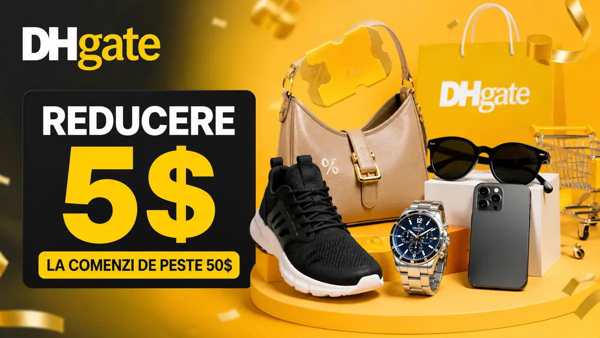 Ofertă DHgate cu reducere de 5$ la comenzi peste 50$, alături de geantă, pantofi, ceas, telefon și ochelari.