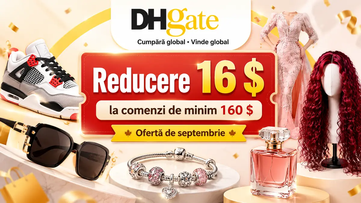Banner DHGate cu reducere de 16 $ la comenzi de minimum 160 $, alături de produse fashion, beauty și accesorii.