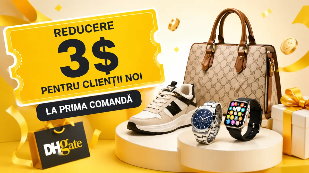 Banner DHGate cu reducere de 3$ pentru clienții noi, geantă, pantofi sport, ceasuri și ambalaj cadou.