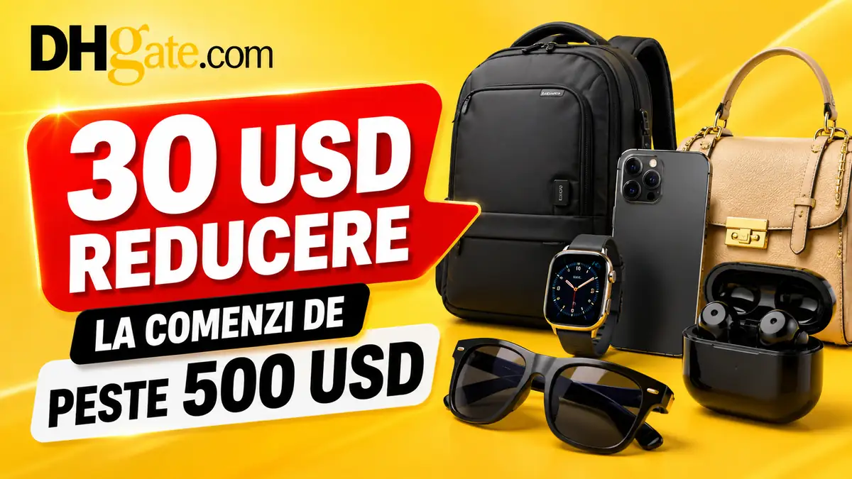 Banner DHgate cu reducere de 30 USD la comenzi peste 500 USD, alături de gadgeturi și accesorii.